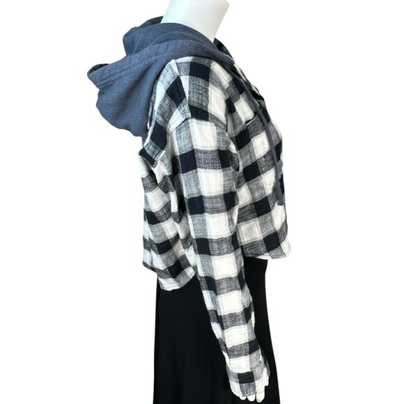 American Eagle Plaid Flannel Shirt Top Hoodie Womens Size Small Cropped - Picture 6 of 12